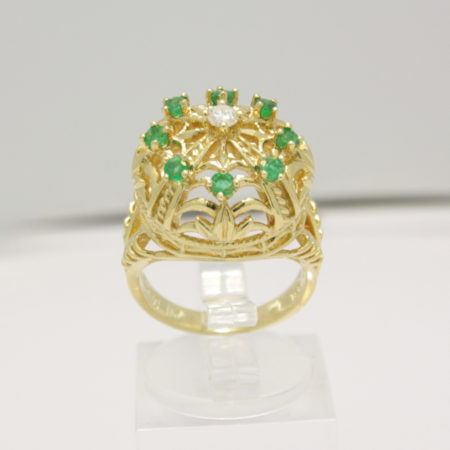 Gouden vintage ring kroon van Franklin Mint met diamant en smaragd
