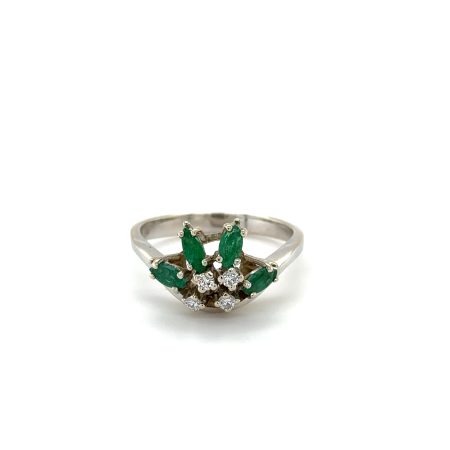 Wit gouden vintage ring met smaragd en diamant